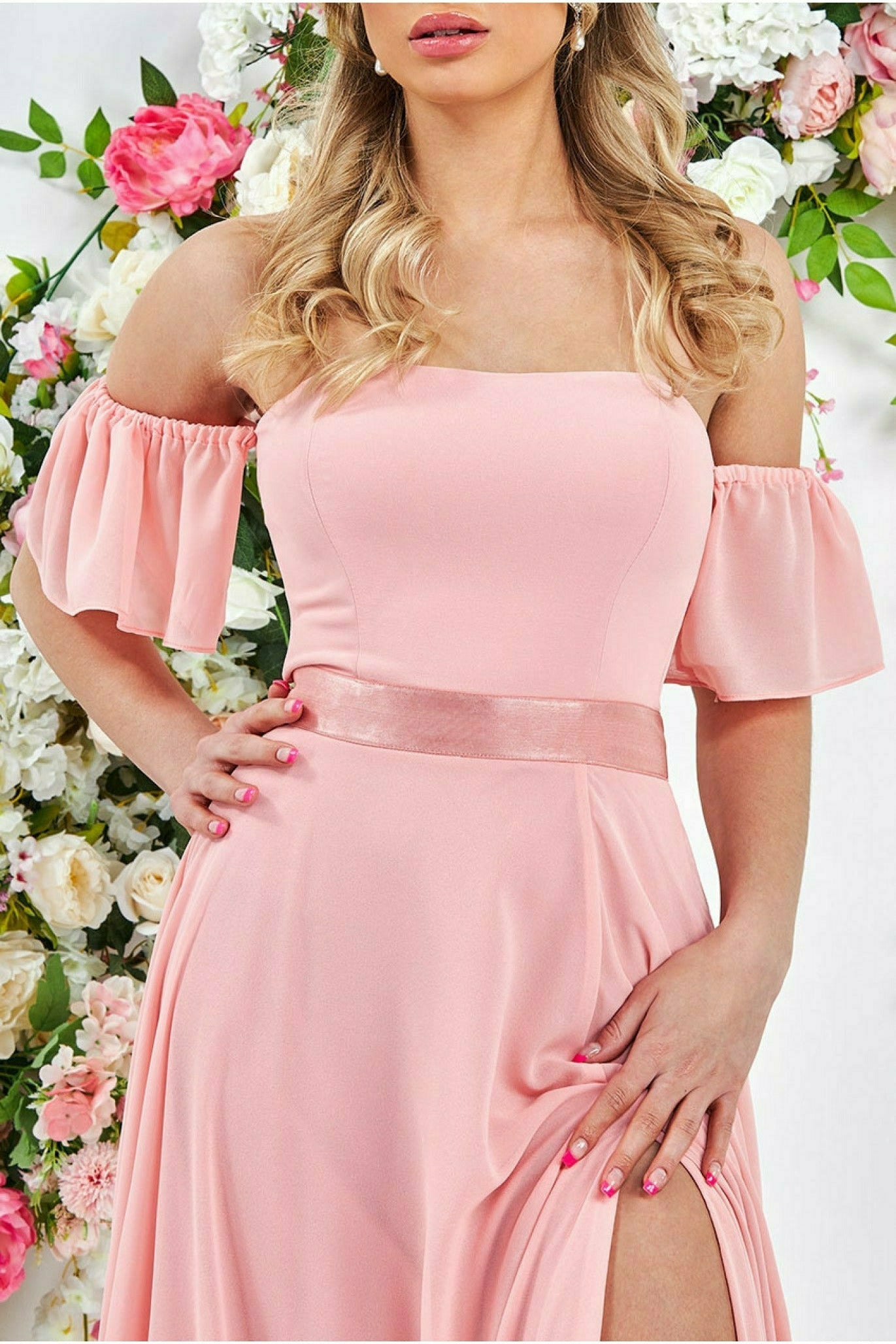 Draped Off The Shoulder Maxi With Split - Peach DR3070
