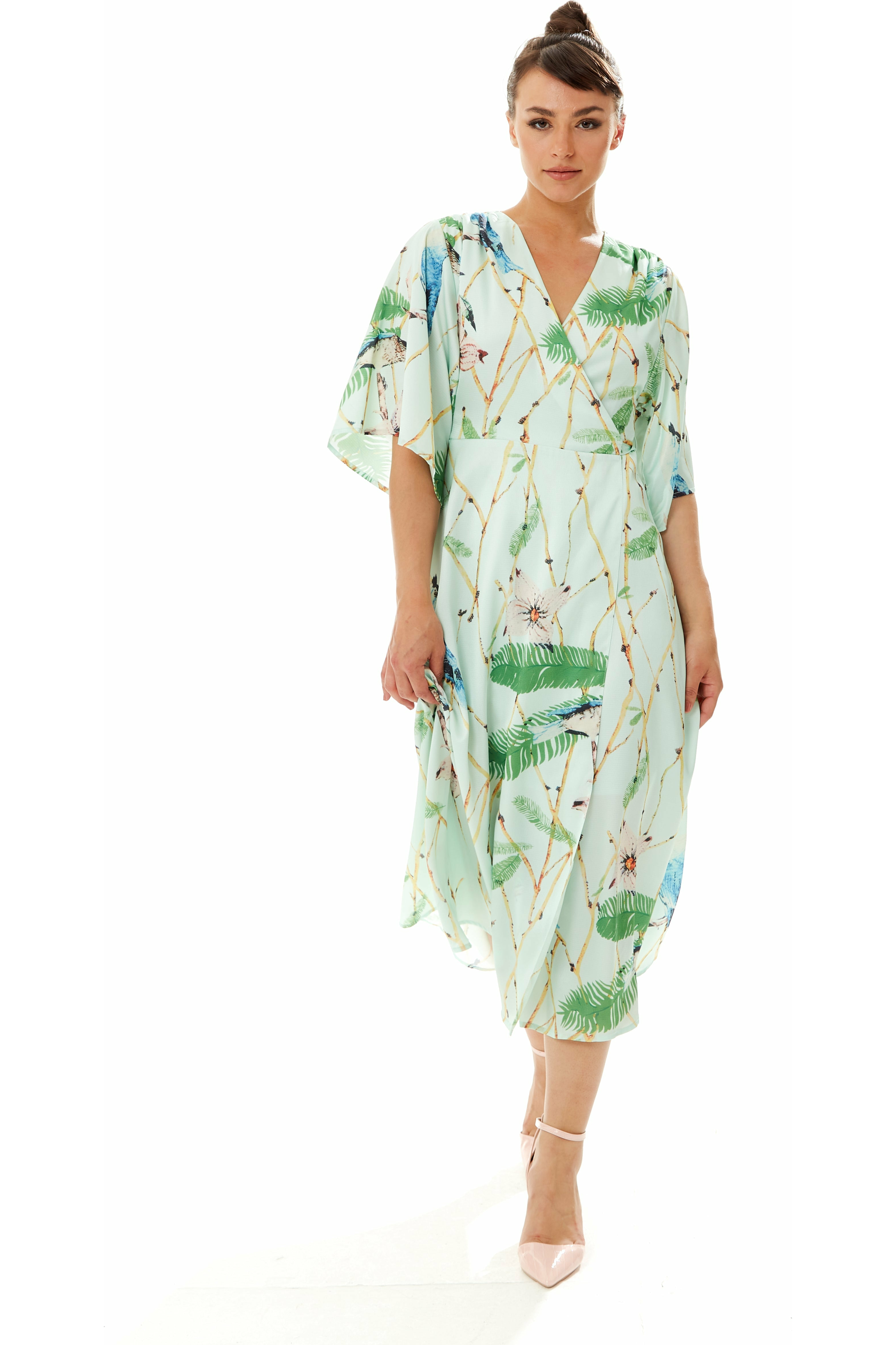 Bird Print Maxi Wrap Dress In Mint Green B2-54-LIQ22SS050