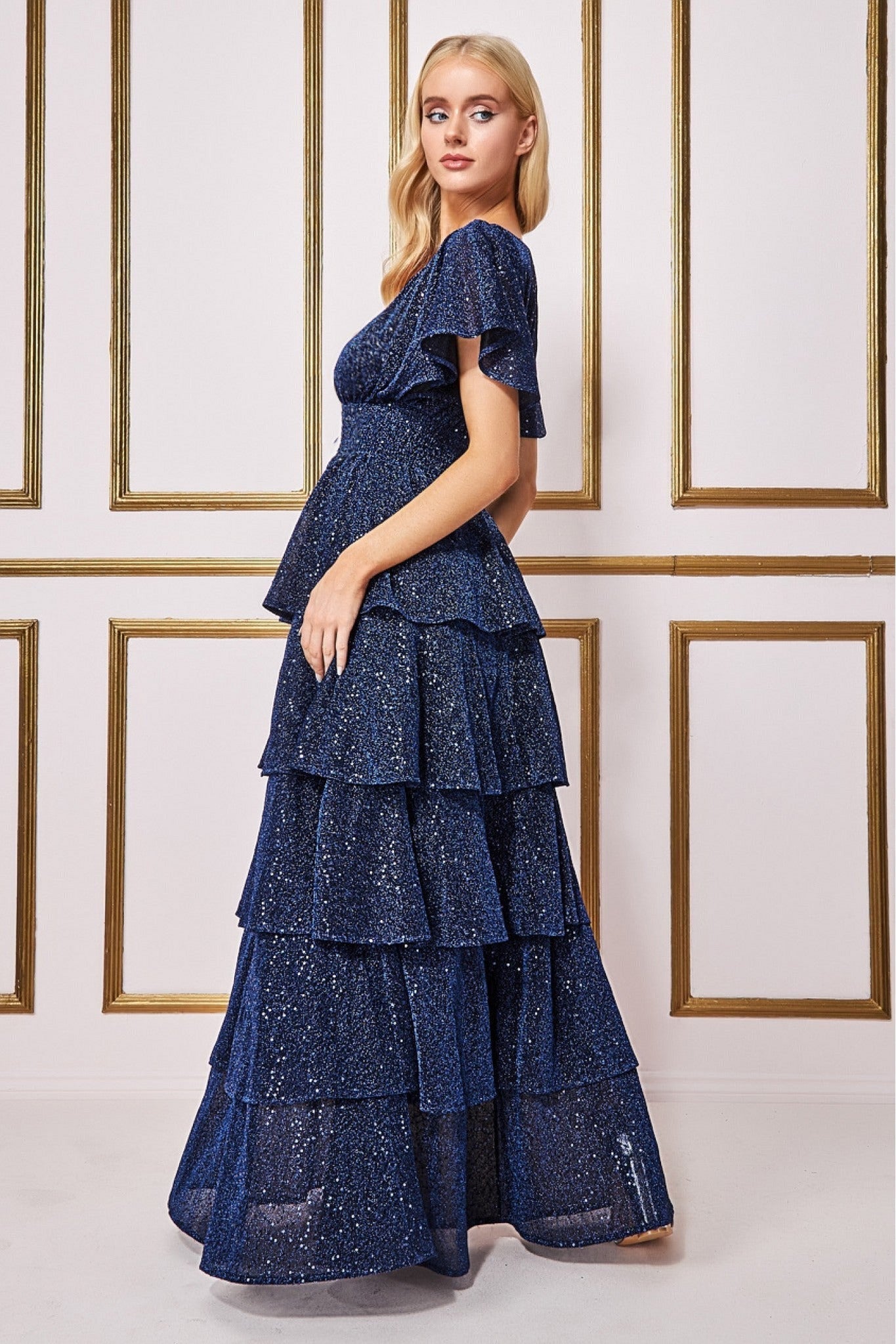 Sequin Lurex Tiered Maxi Dress - Navy DR3657