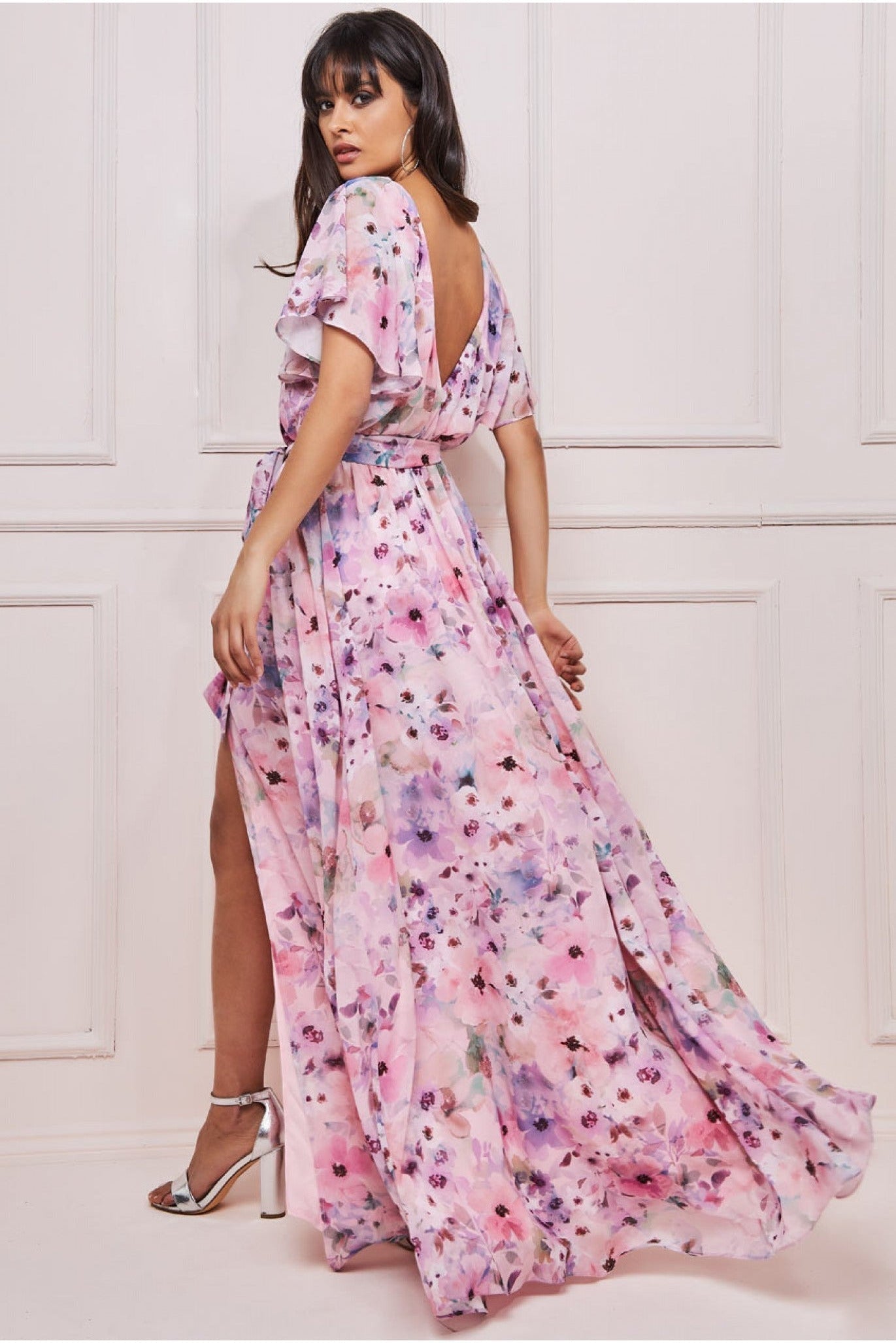 Wrap Back Flutter Sleeve Maxi Dress - Pink DR3236A