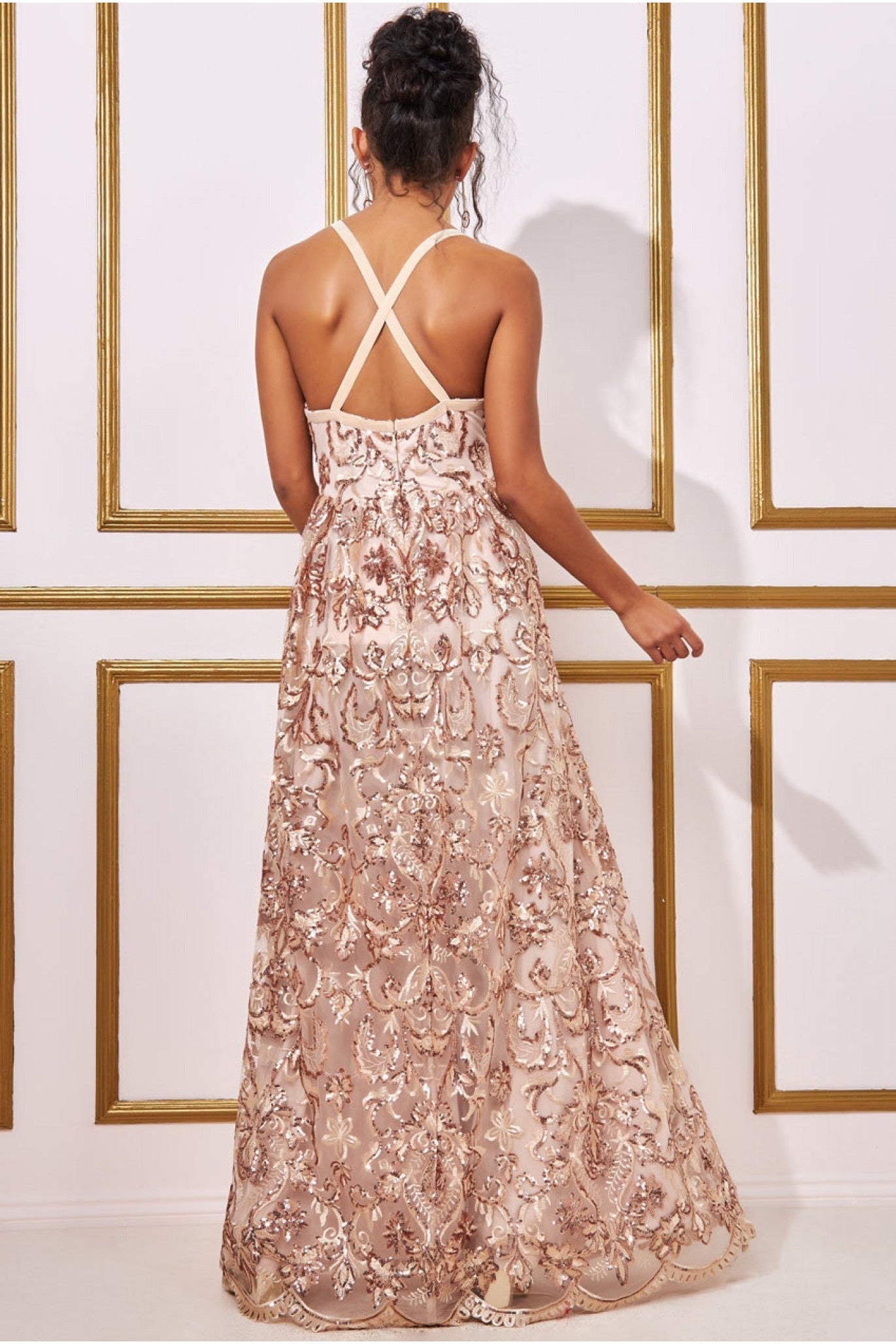 Open Back Sequin & Mesh Maxi Dress - Champagne DR3213