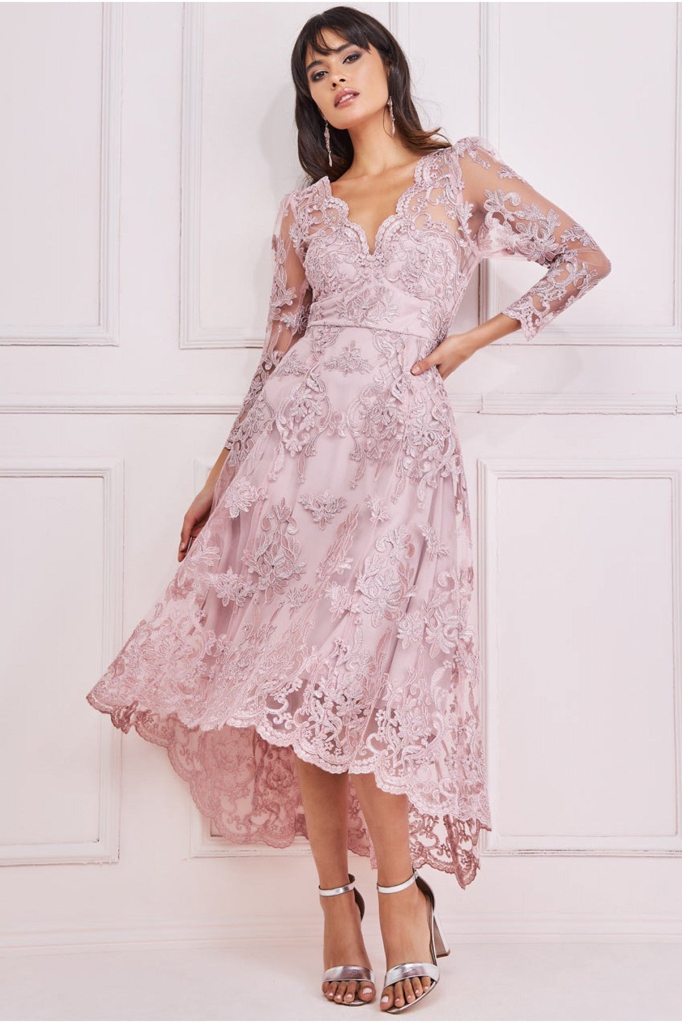 Scalloped Lace Dipped Hem Midi Dress - Blush DR3347A