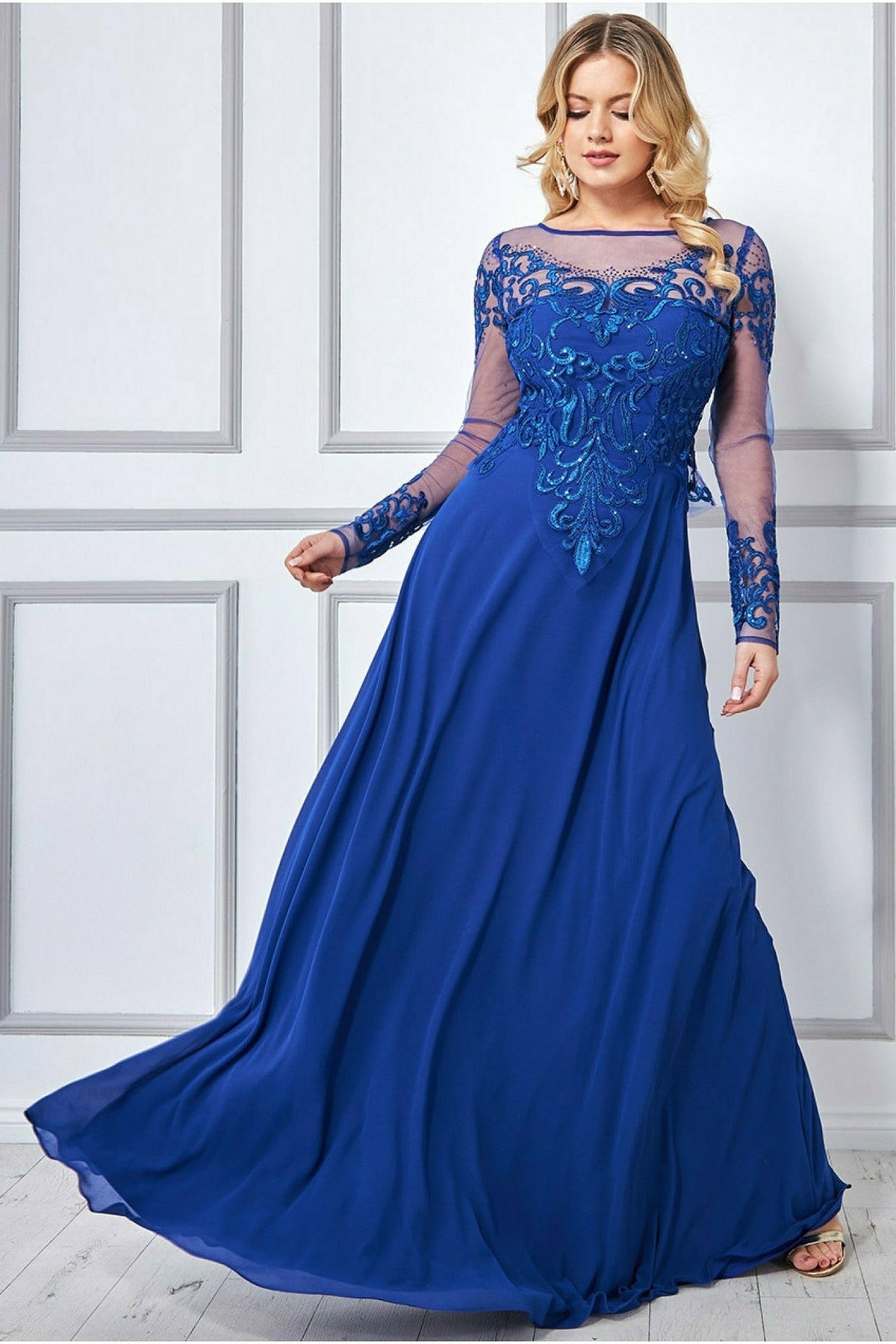 Mesh & Lace Embroidered Bodice Maxi - Royal Blue DR3260