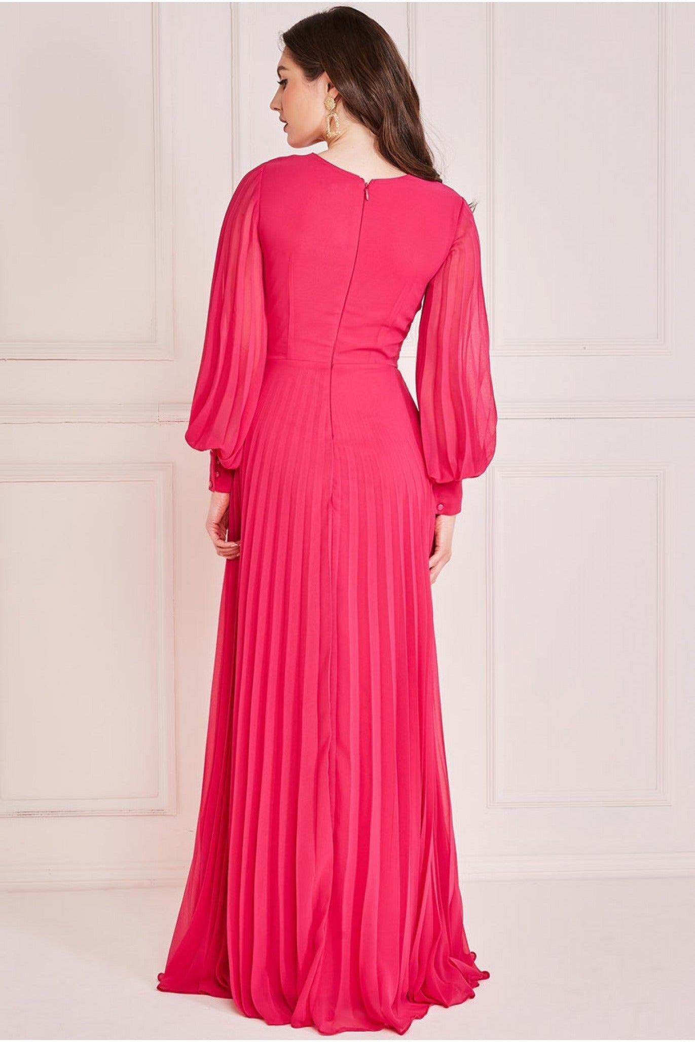 Fully Pleated Chiffon Maxi Dress - Hot Pink DR3593