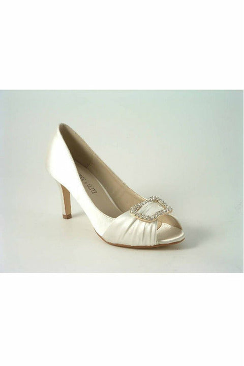 Diamante Ivory Satin Mid Heel Peep Toe Shoe SabatineCH358