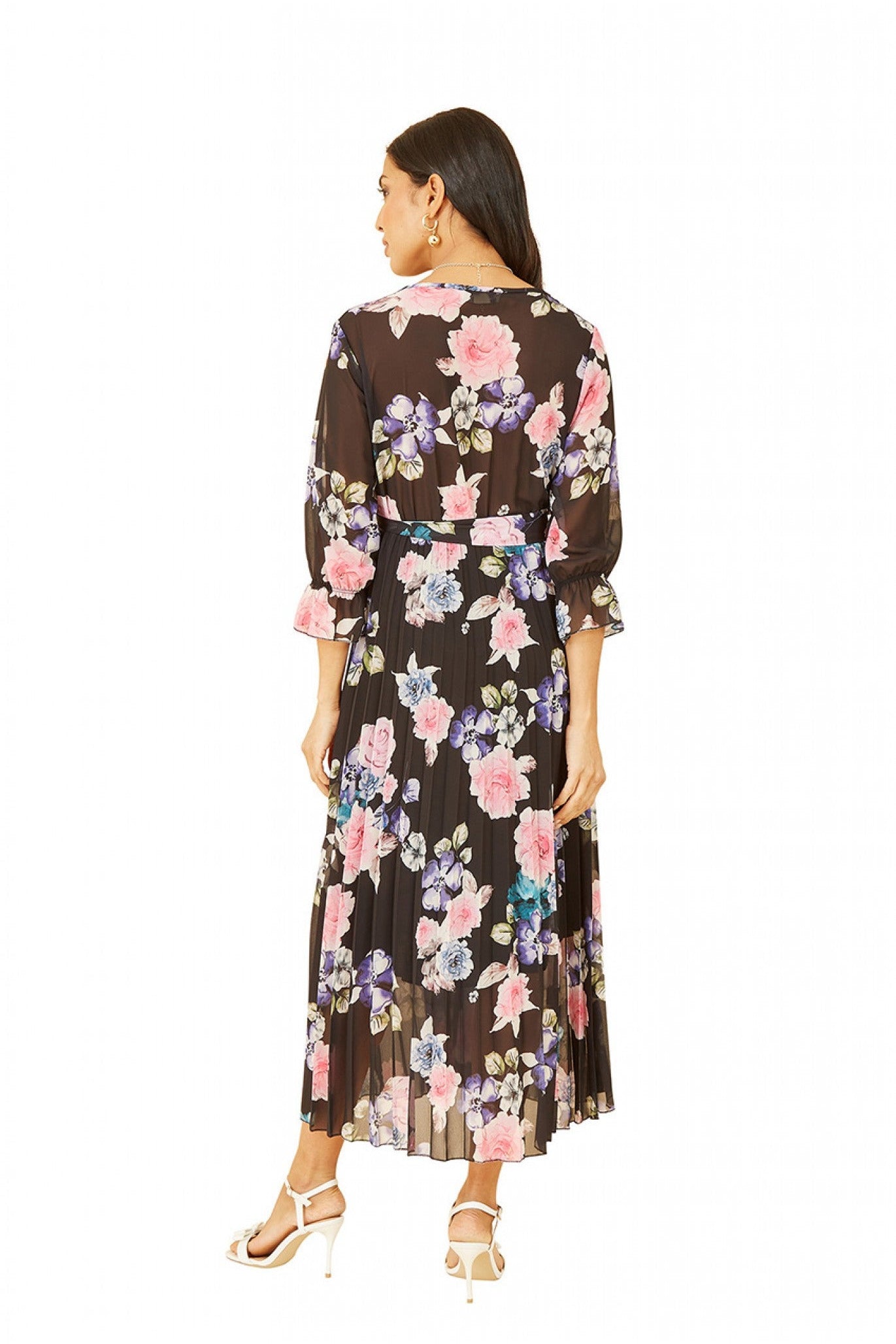 Black Floral Pleated Wrap Midi Dress YM3901A018