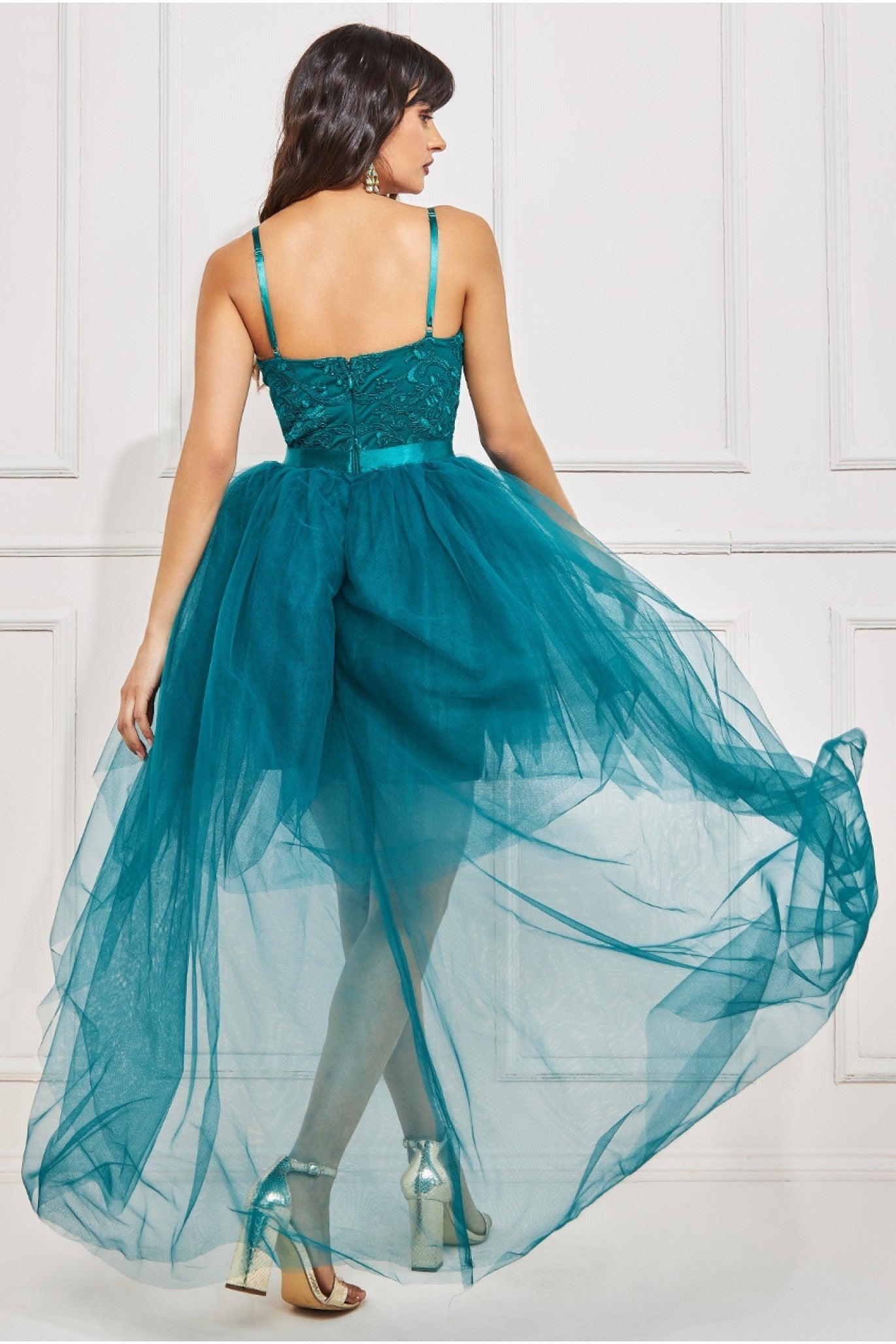 High Low Tulle Mini With Lace Bodice - Emerald DR3061
