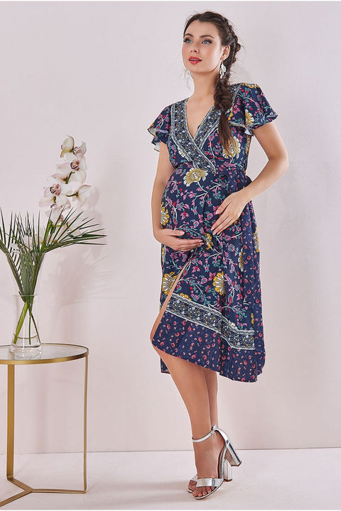 Maternity Floral Print Midi Navy Print DR3440MAT