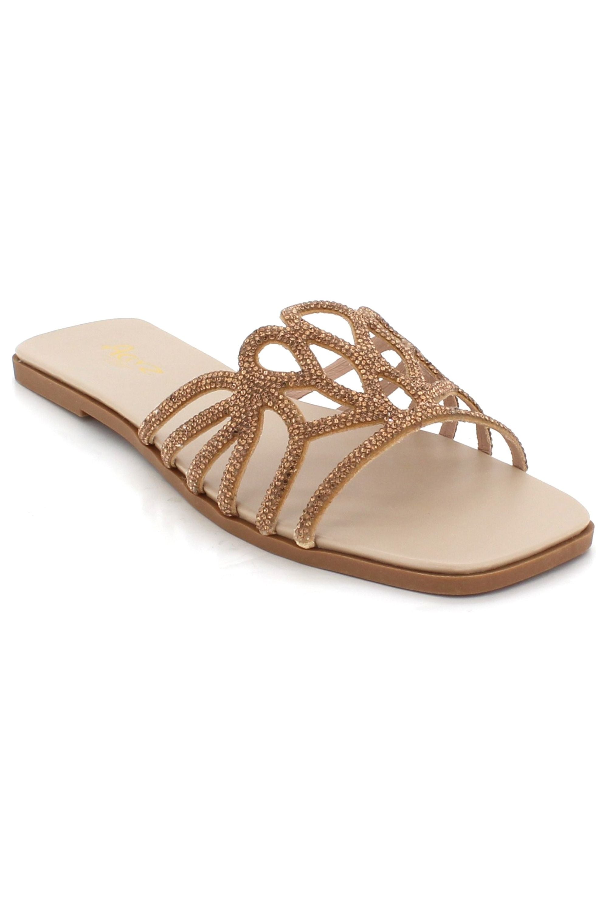Elegantly Embellished Crystal Encrusted Design Open Toe Party Holiday Summer Beach Casual Comfort Flat Sandals L7580