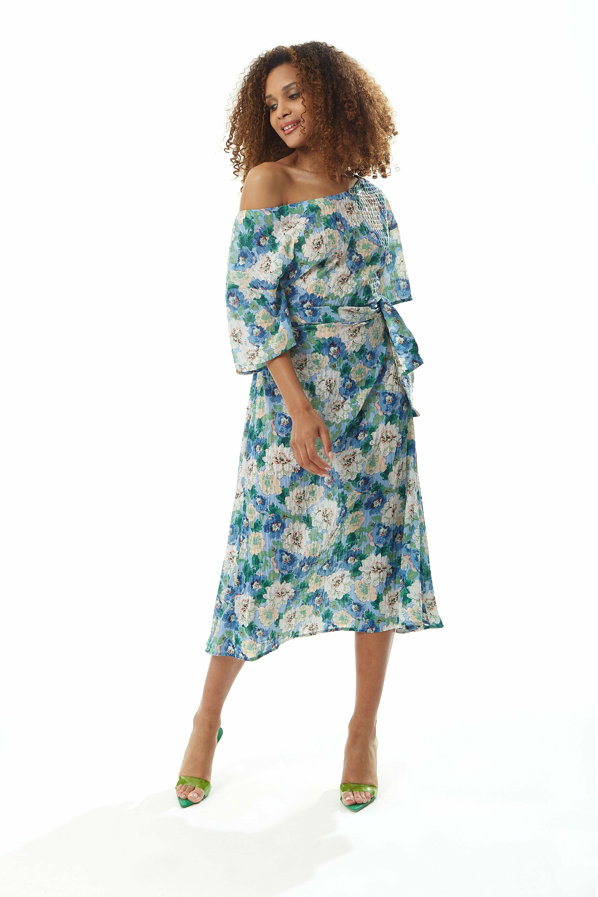 Liquorish Divine Grace Crinkle Floral Midi Dress In Blue LIQ22-391A-BLUE-8