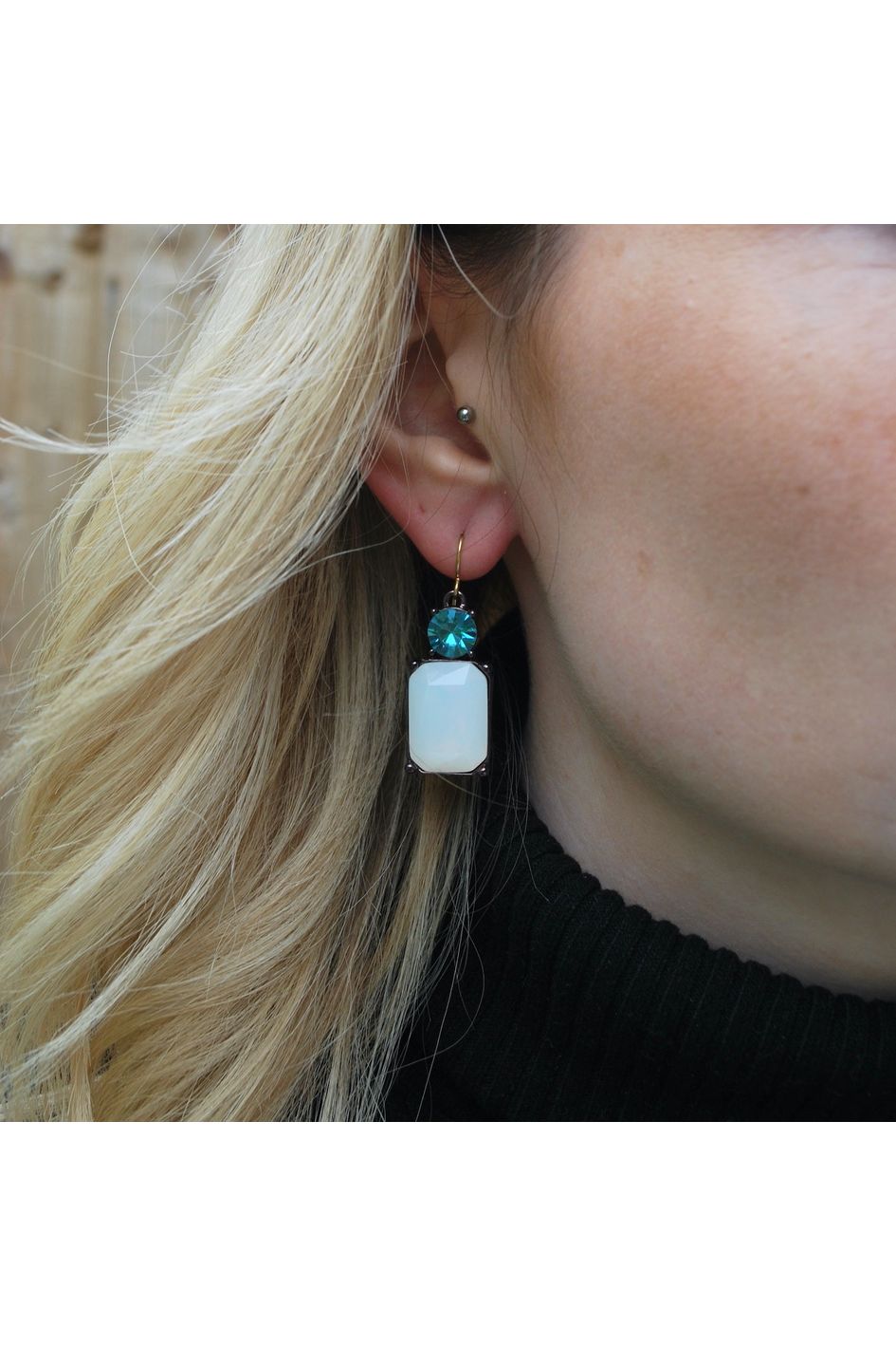 Twin Gem Hook Earring In Opal With Aqua LTE08W