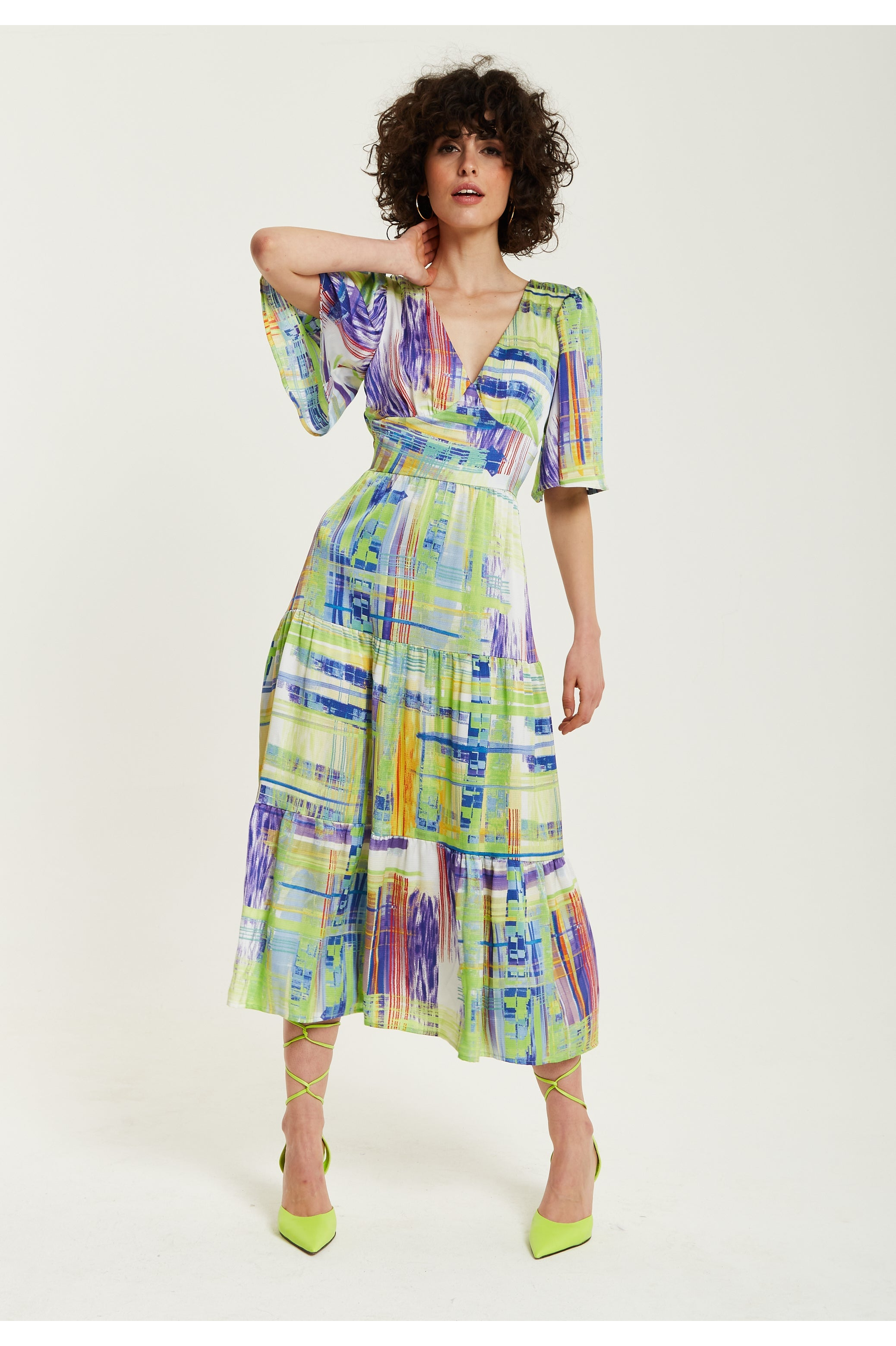 Green Abstract Print Midi Dress With Short Sleeves B8-96-LIQ22SS133