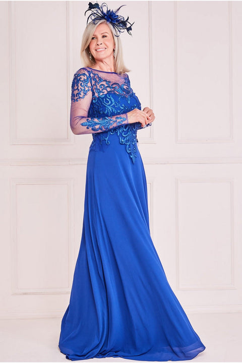 Goddiva Mesh & Lace Embroidered Bodice Maxi - Royal Blue