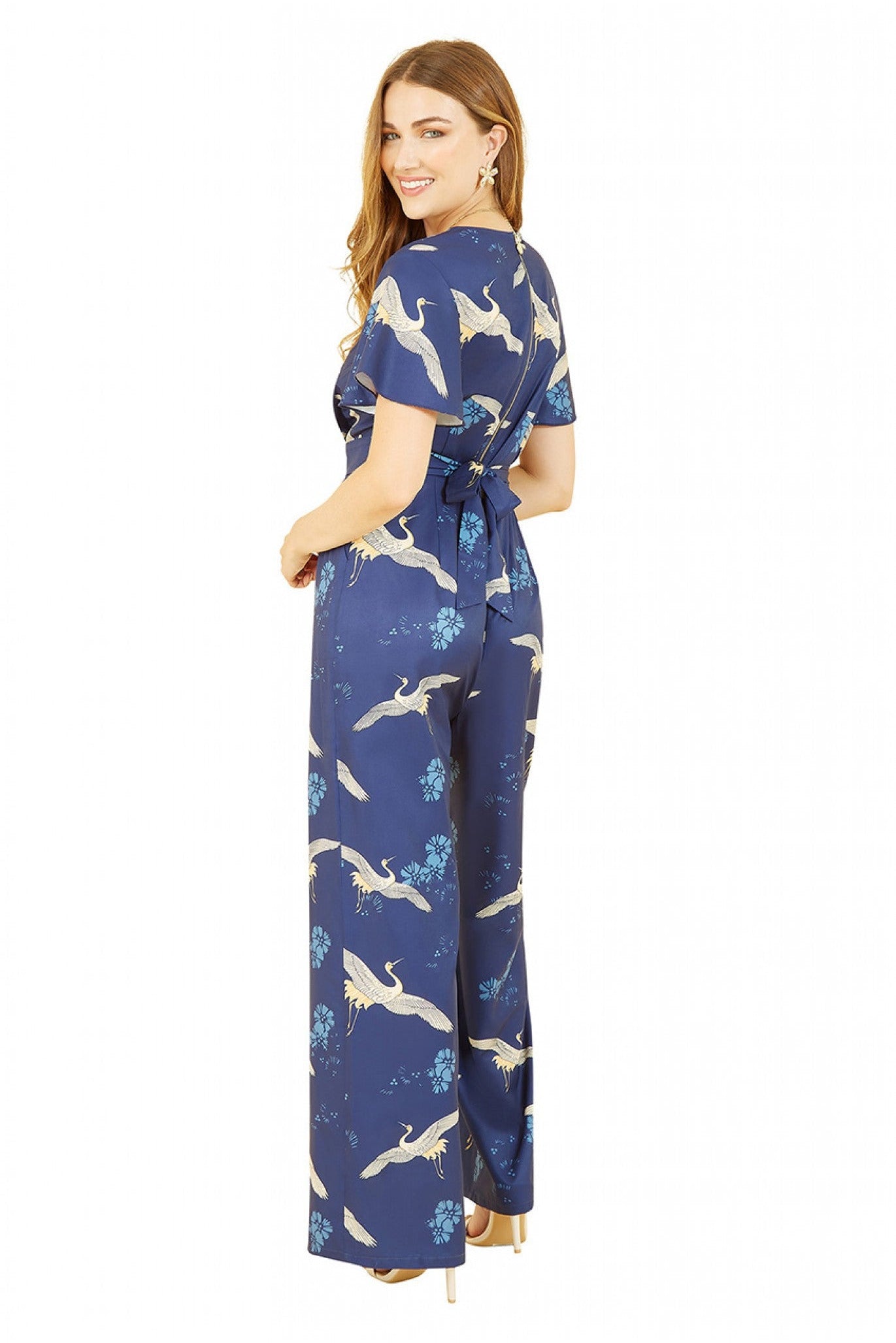 Yumi Navy Crane Print Angel Sleeve Jumpsuit – Goddiva