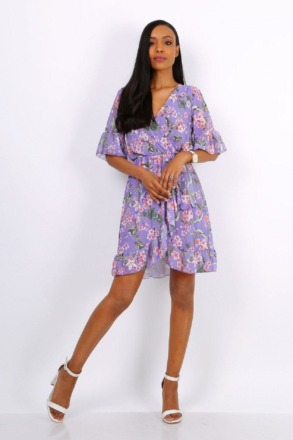 Mini Wrap Dress With Frill Hem Purple Floral LL9771PU