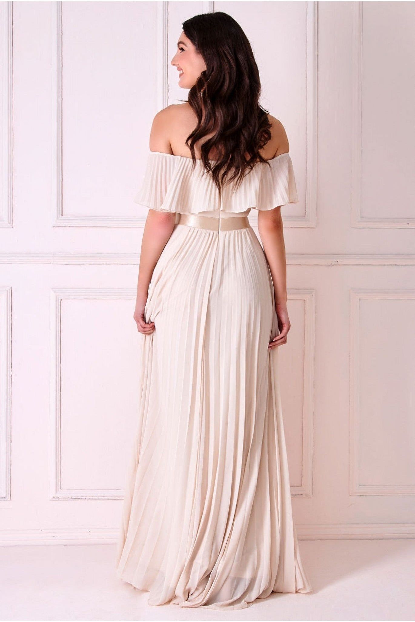 Pleated Chiffon Off Shoulder Maxi Dress - Ivory DR3805