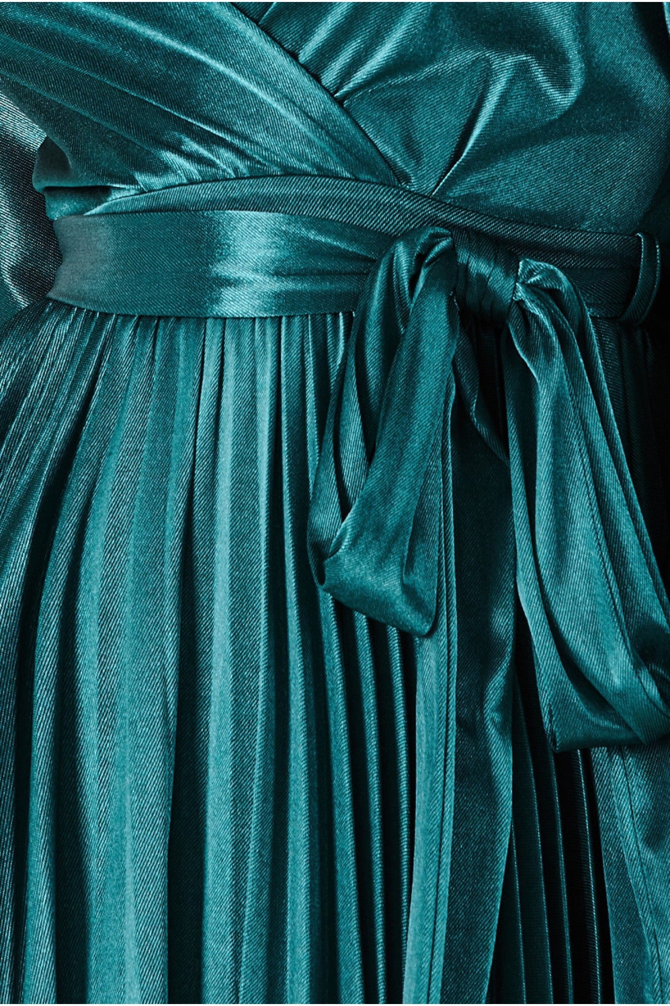 Satin Pleated Skirt Wrap Midi Dress - Emerald Green DR3921