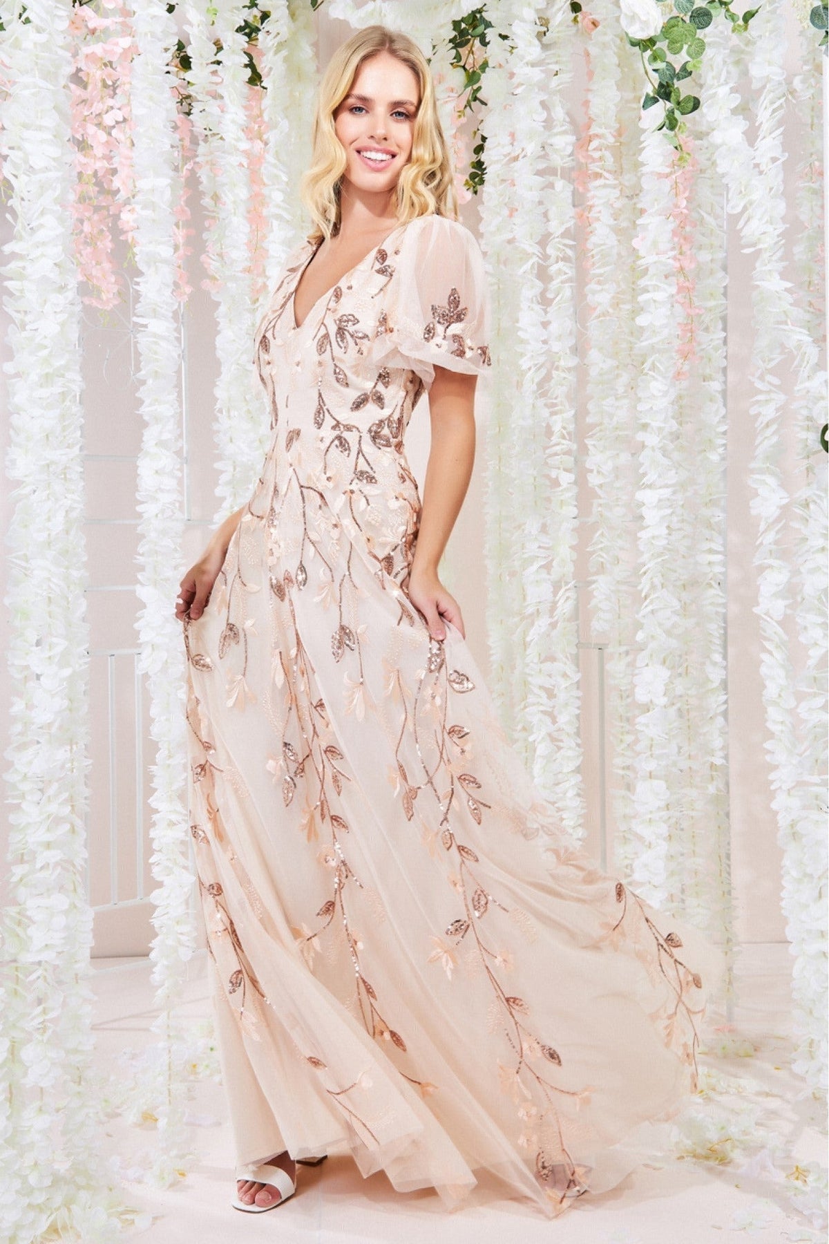 Flared Sleeve Embroidered Maxi Dress - Ivory DR3279A