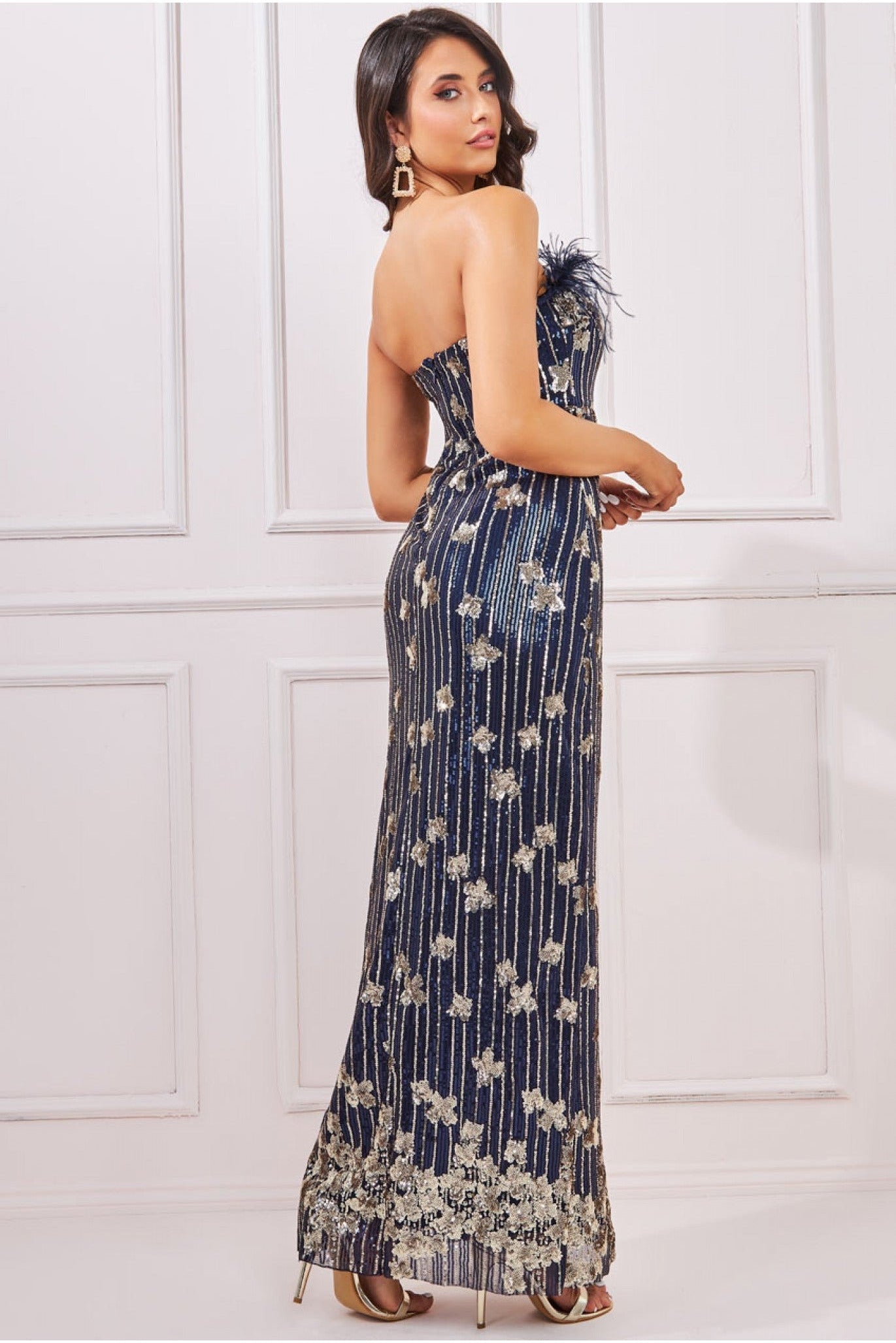 Sequin And Feather Boobtube Maxi - Navy DR3784