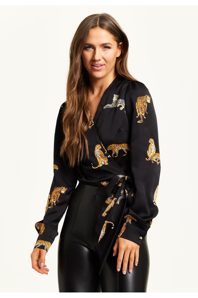 Black - Tiger Print Wrap Top With Long Sleeves by Liquorish