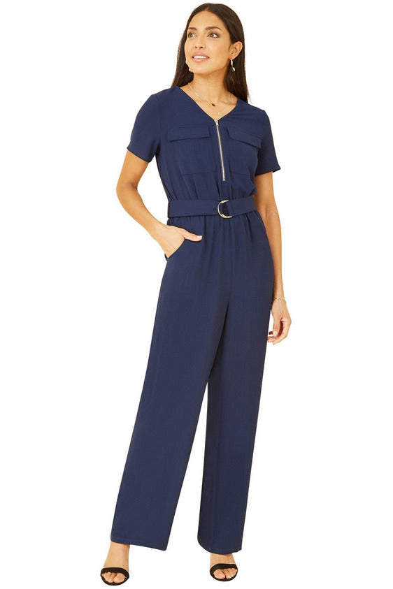 Yumi Navy Utility Jumpsuit With Zip And Belt Detail – Goddiva