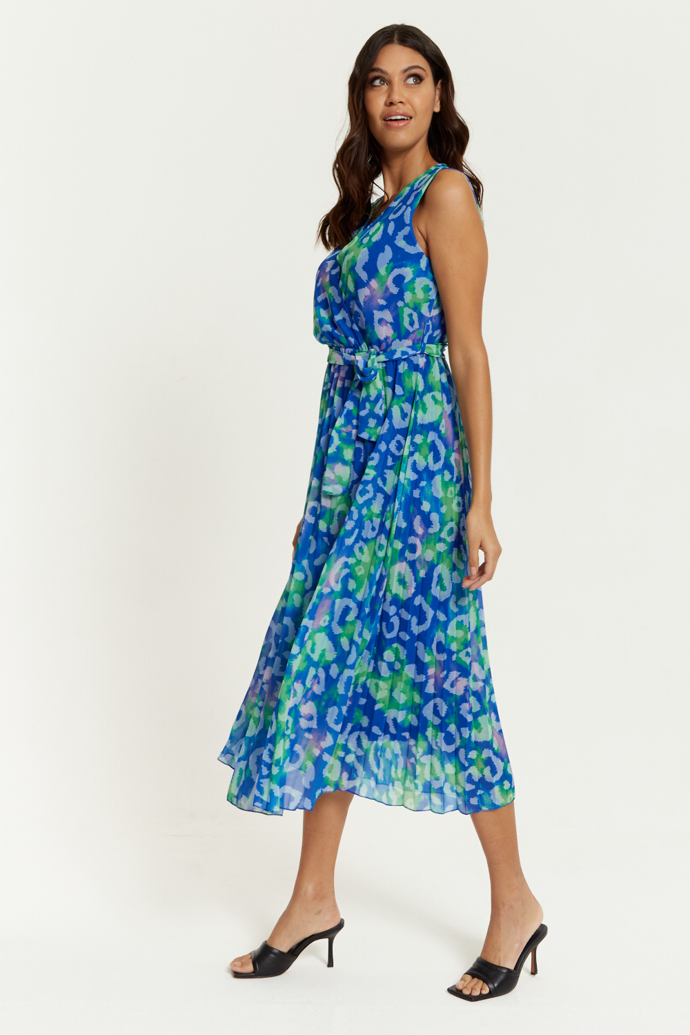 Wrap Front Multi Coloured Green Leopard Print Maxi Dress with Pleat Details in Blue GLR FASHION NETWORKING