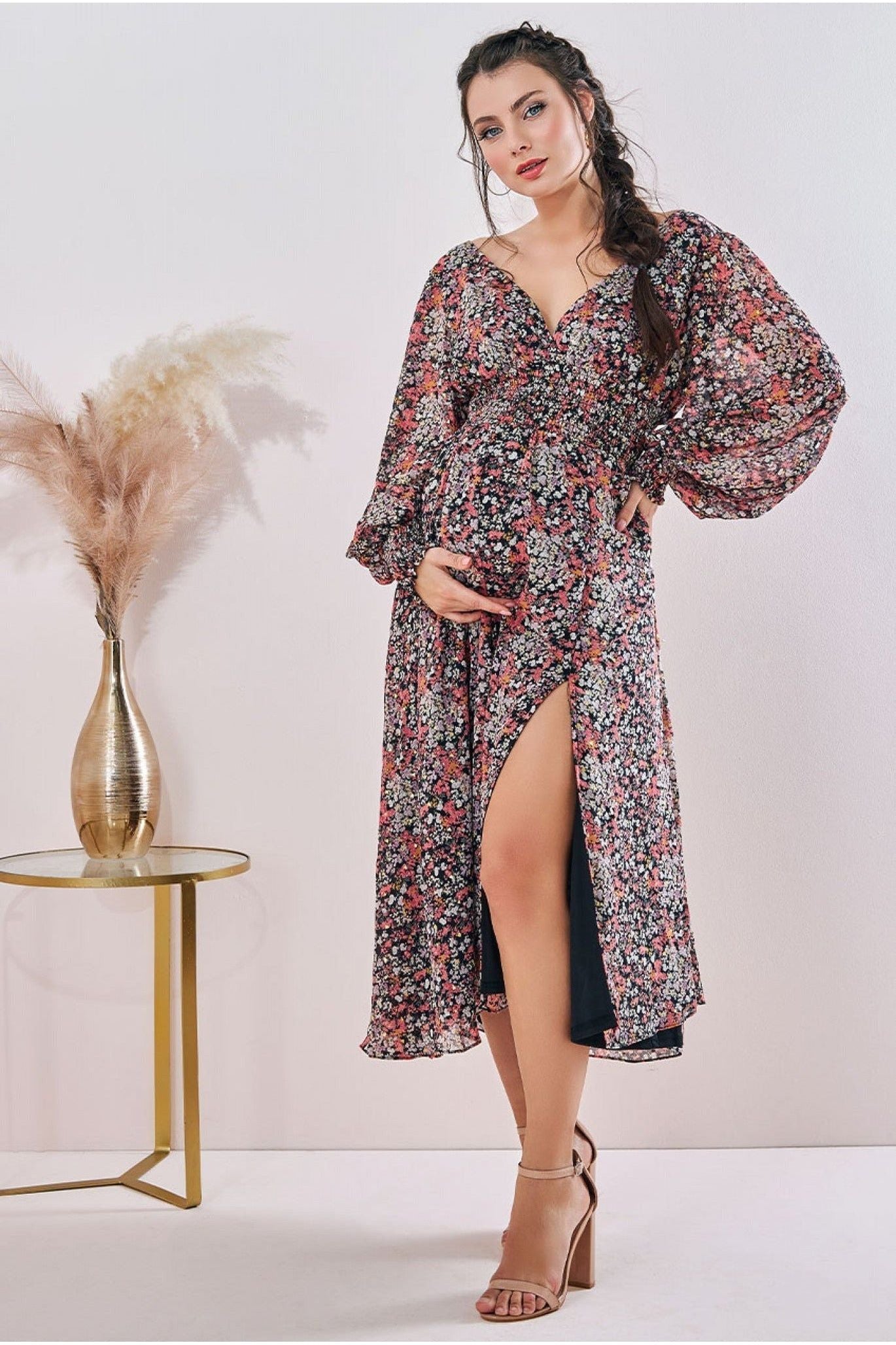 Maternity Long Sleeve Midi Floral Print DR3766AMAT