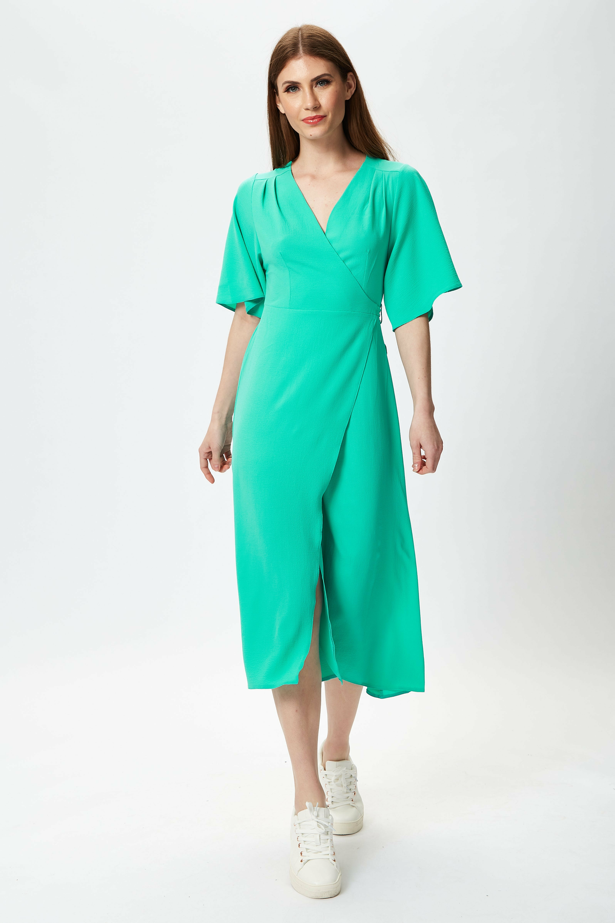 Liquorish Mint Green Midi Wrap Dress with Short Sleeves Liquorish