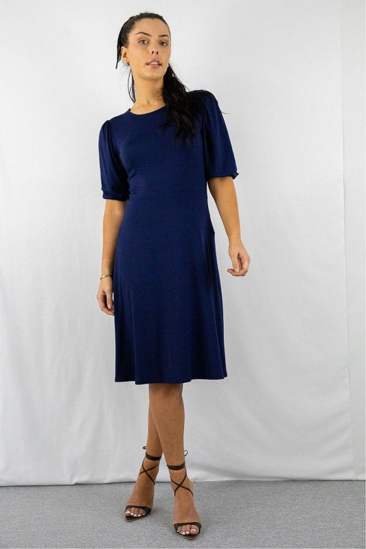 Navy Round Neck Puff Sleeve Midi Dress BF25583