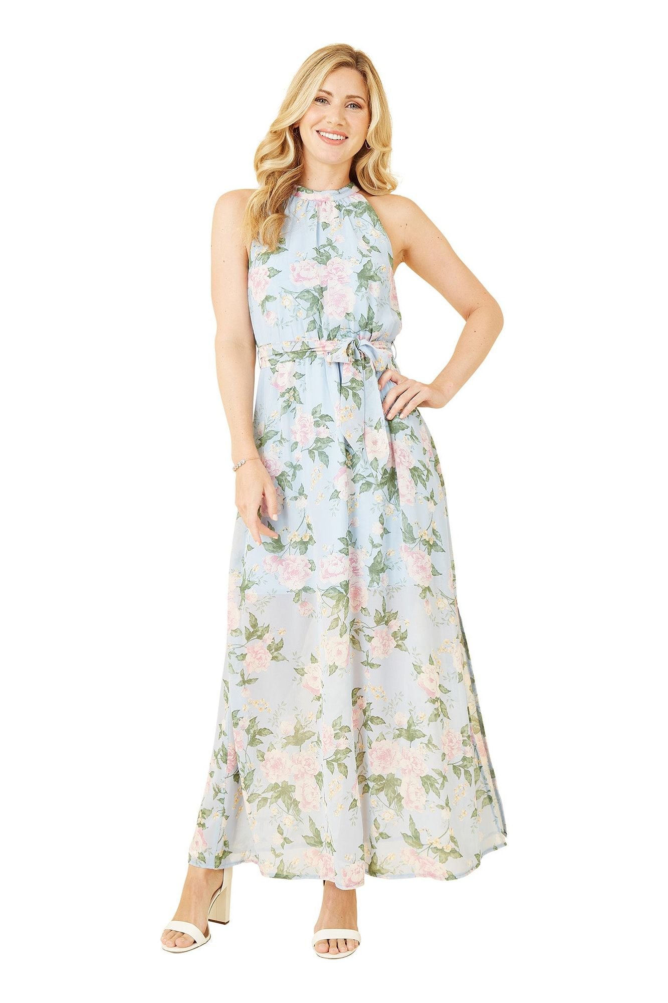 Blue Rose Print Halter Neck Maxi Dress ML7396A