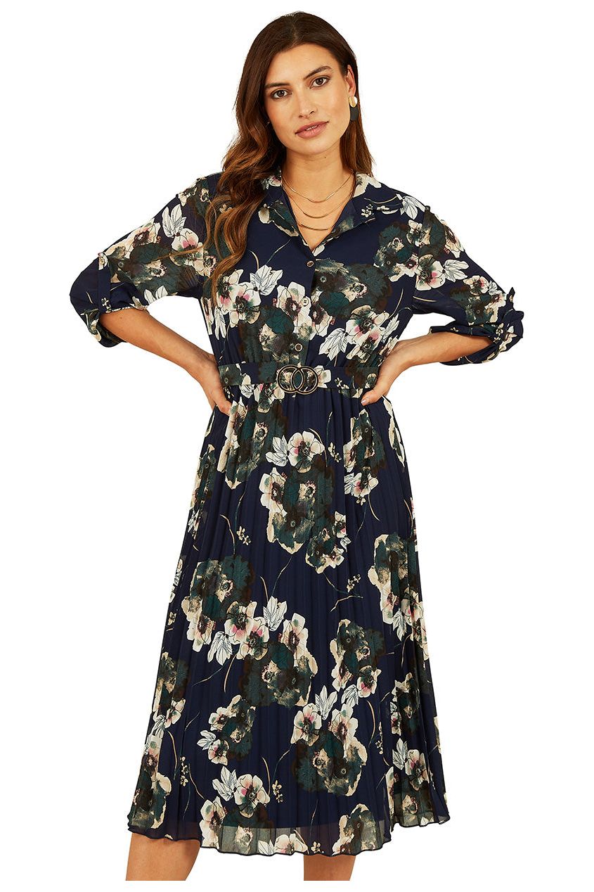 Navy Floral Print Gold Buckle Midi Dress ML7469