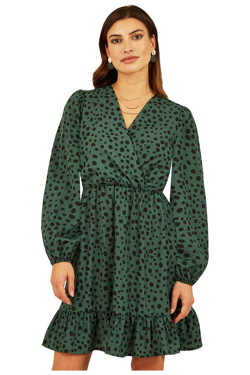 Green Dalmatian Print Long Sleeve Wrap Over Midi Dress ML7487