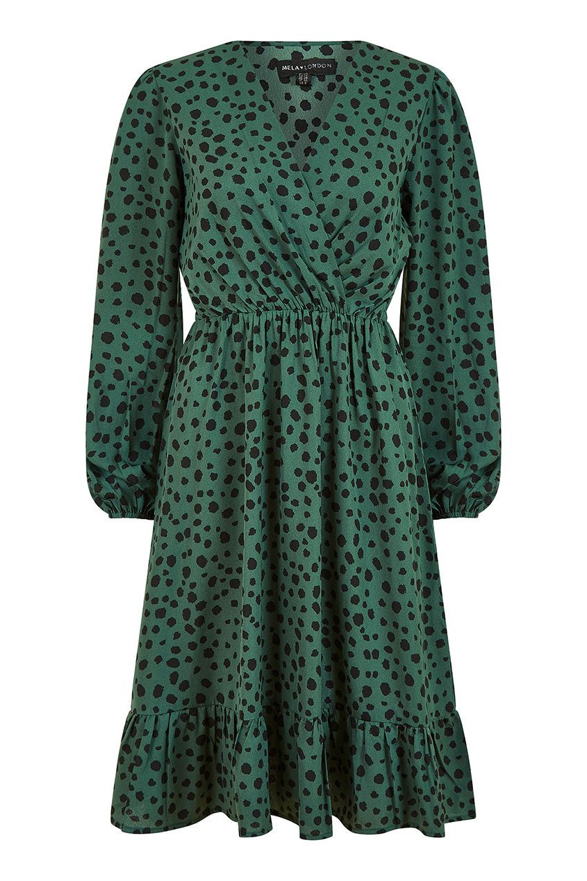 Green Dalmatian Print Long Sleeve Wrap Over Midi Dress ML7487