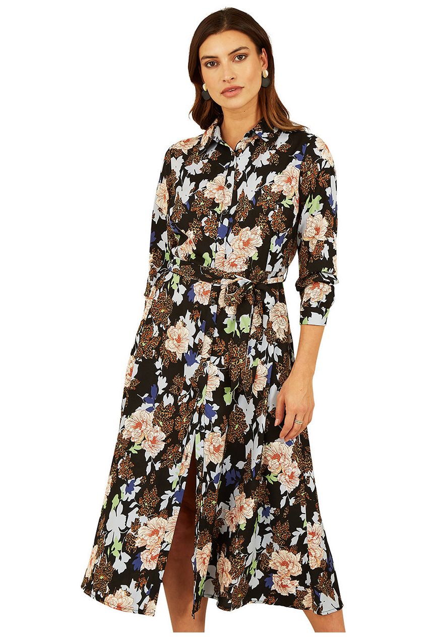 Black Floral And Animal Print Long Sleeve Midi Shirt Dress ML7489