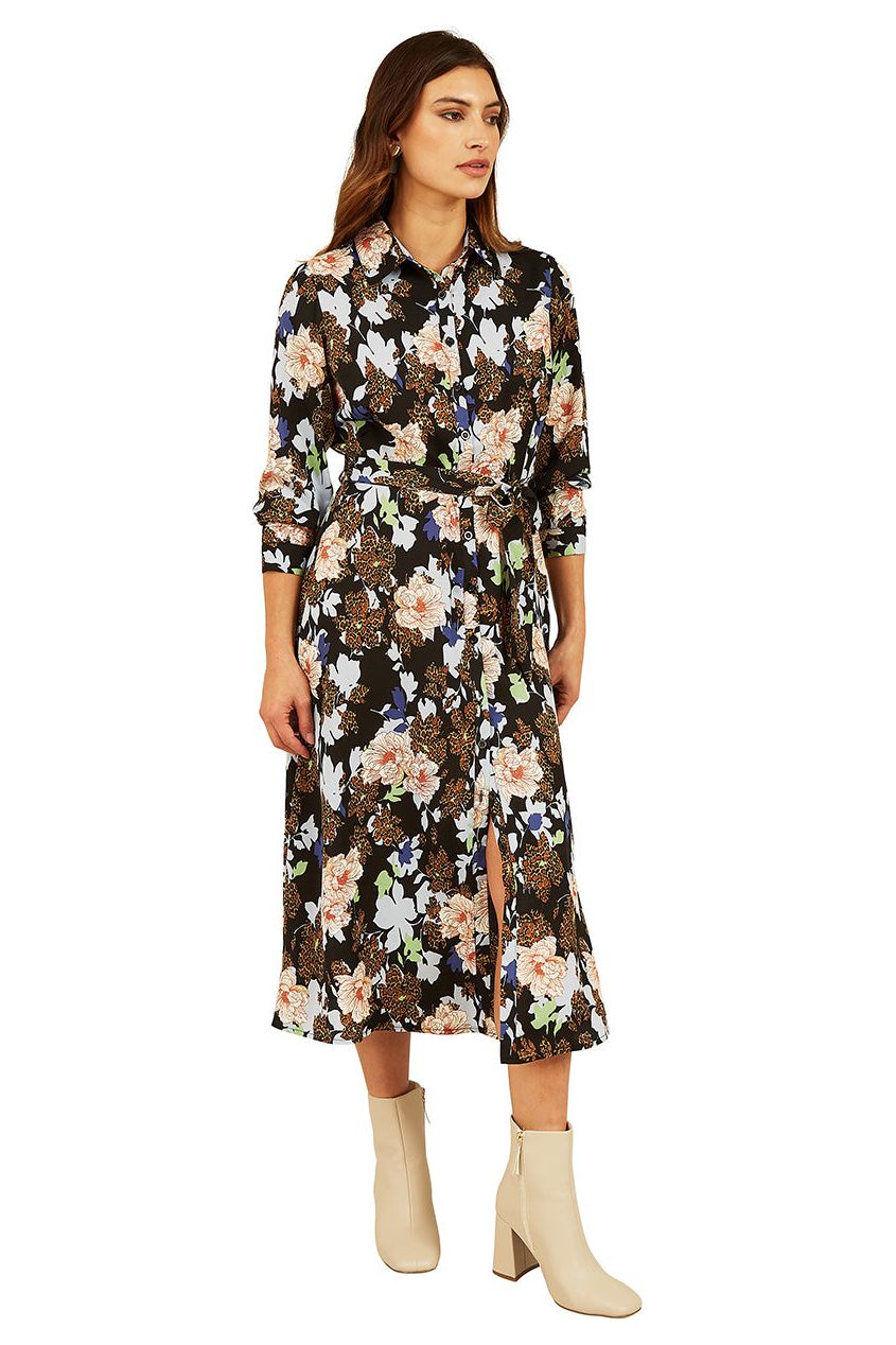 Black Floral And Animal Print Long Sleeve Midi Shirt Dress ML7489