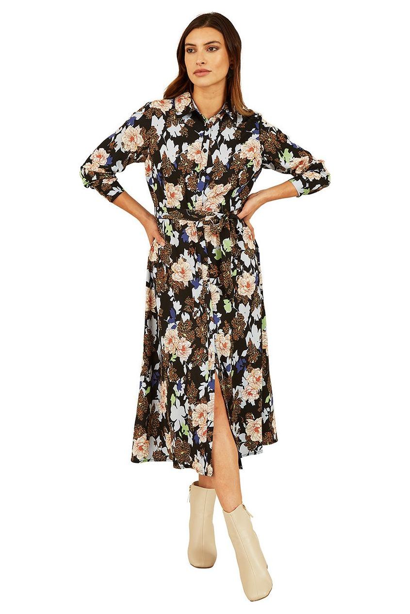 Black Floral And Animal Print Long Sleeve Midi Shirt Dress ML7489