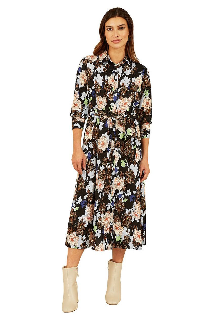 Black Floral And Animal Print Long Sleeve Midi Shirt Dress ML7489