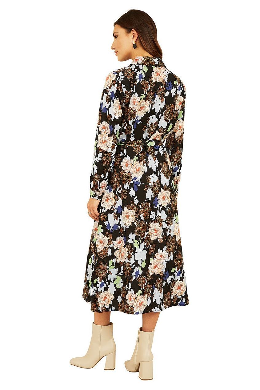 Black Floral And Animal Print Long Sleeve Midi Shirt Dress ML7489