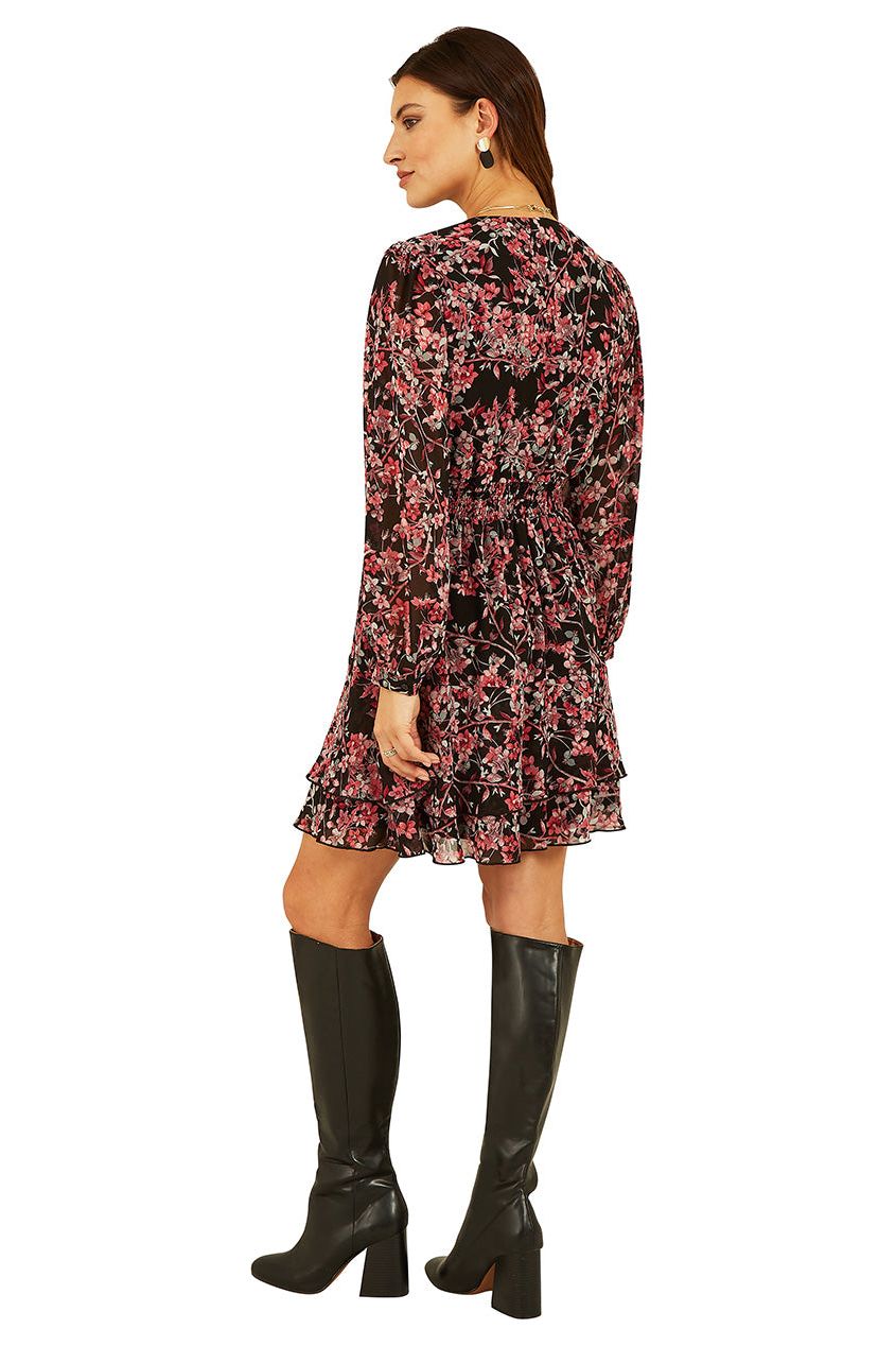Black Blossom Print Ruched Waist Long Sleeve Skater Dress ML7512