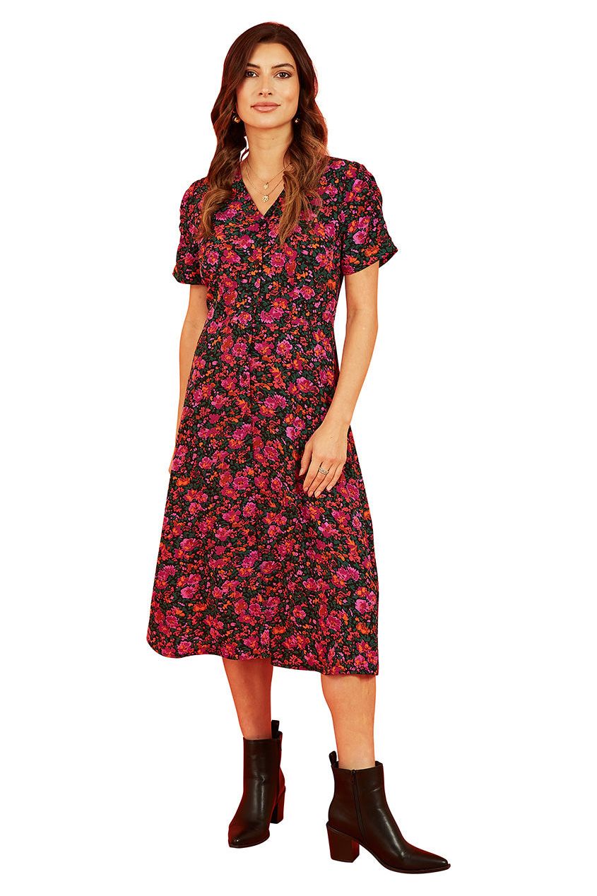 Pink Ditsy Floral Midi Shirt Dress ML7555