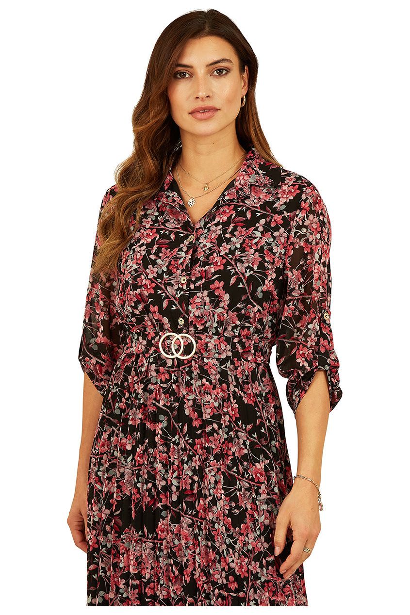 Black Blossom Print Pleated Skirt Midi Dress ML7639