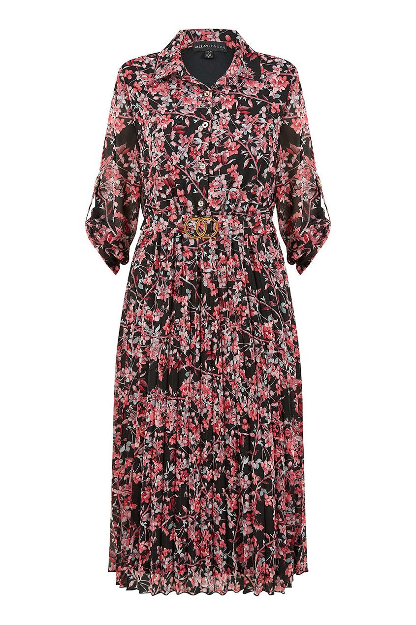 Black Blossom Print Pleated Skirt Midi Dress ML7639