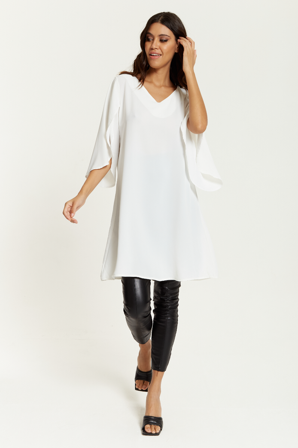 Oversized V Neck Tunic with Split Sleeves in White GLR FASHION NETWORKING