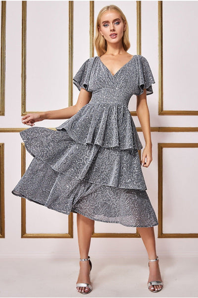 Silver - Sequin Lurex Tiered Midi Dress - Silver by Goddiva