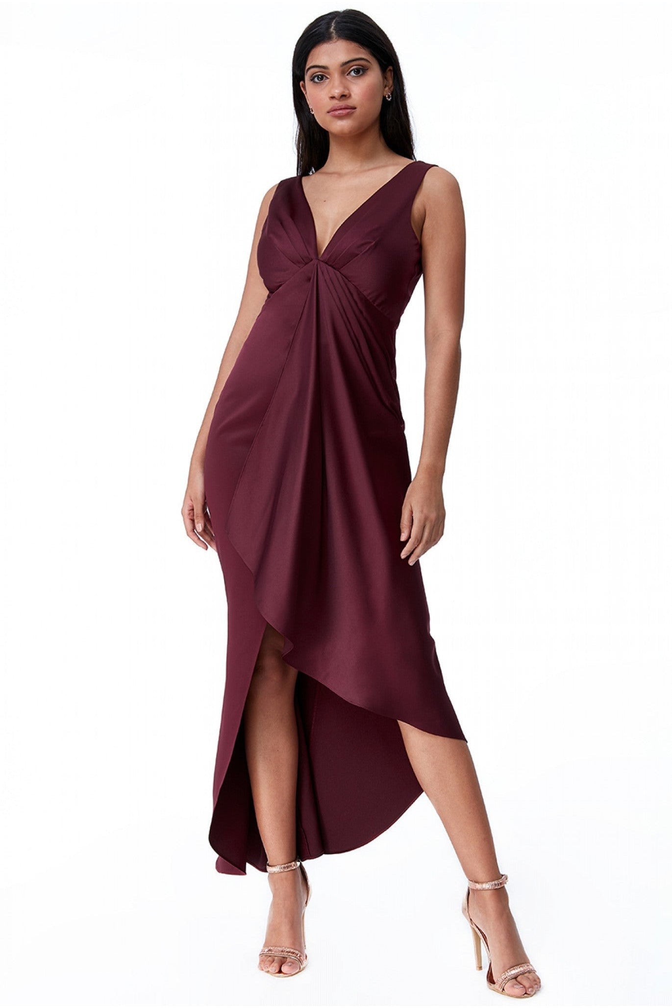 Waterfall Satin Maxi Dress  - Wine DR2038
