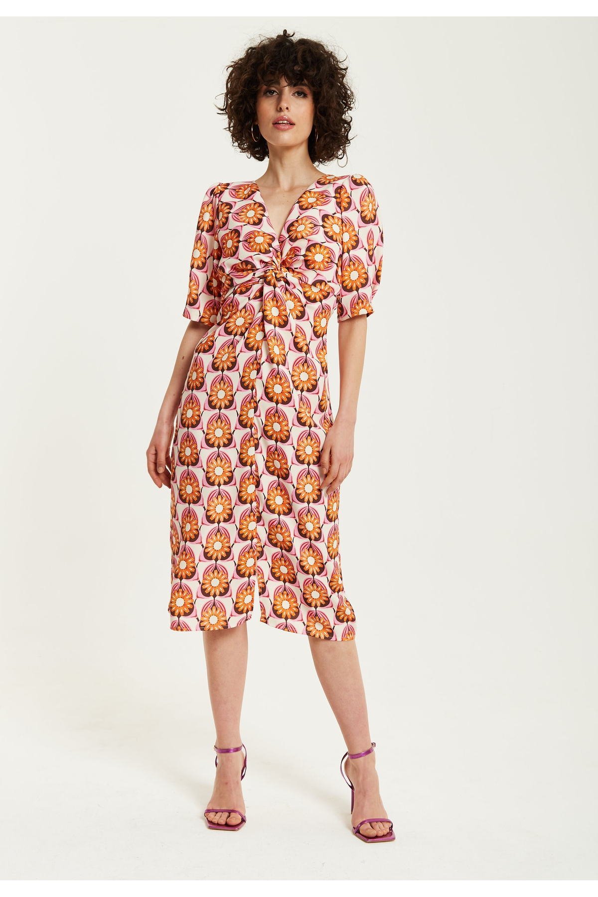 Orange Floral Knot Front Midi Dress F6-LIQSAVSS2302
