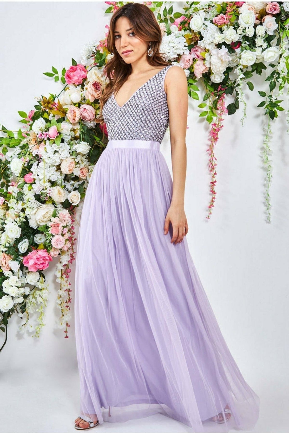 Sequin Bodice Pleated Maxi Dress - Lavender DR1972