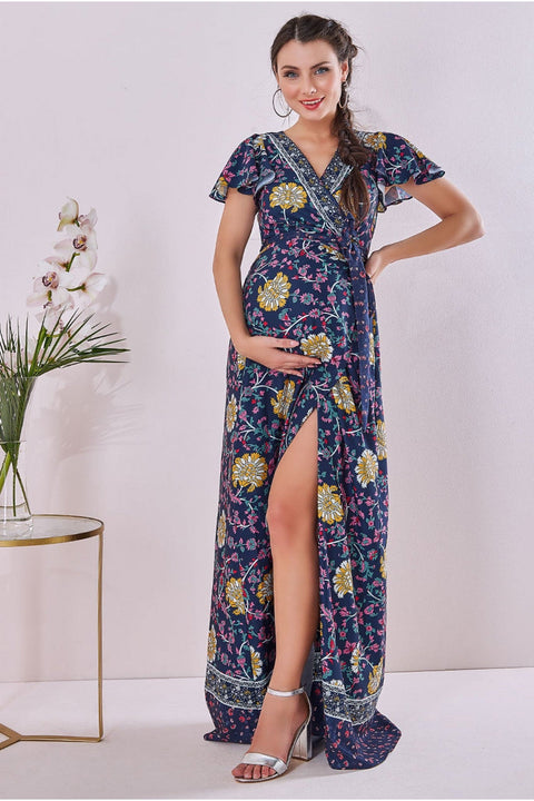 Maternity Floral Print Maxi Navy Print DR3355MAT