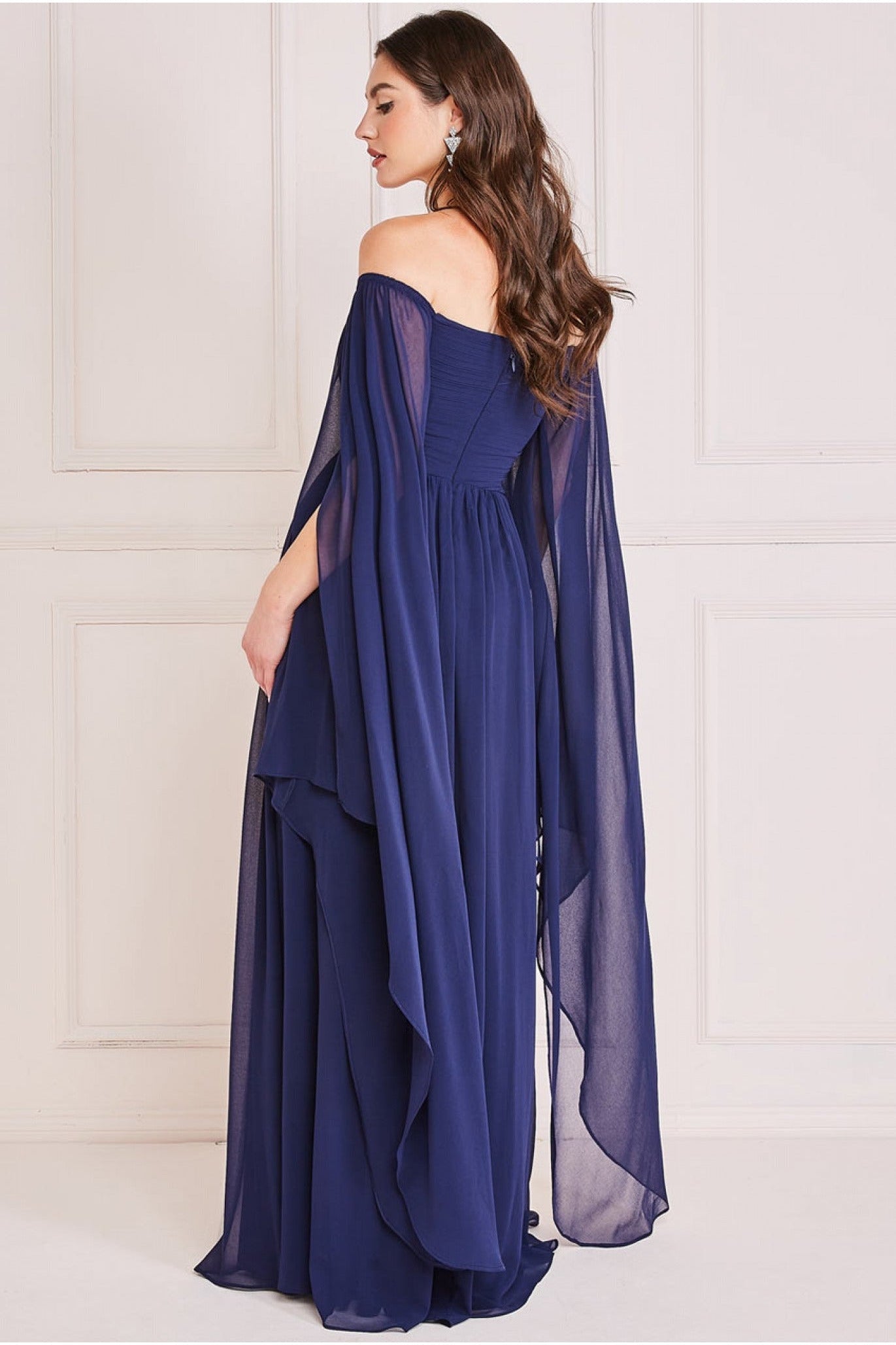 Chiffon Off The Shoulder Maxi With Cape Sleeves  - Navy DR3780