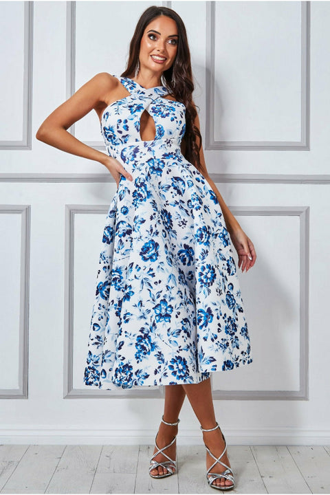 Crossover Keyhole Midi Dress - Blue Print DR3551